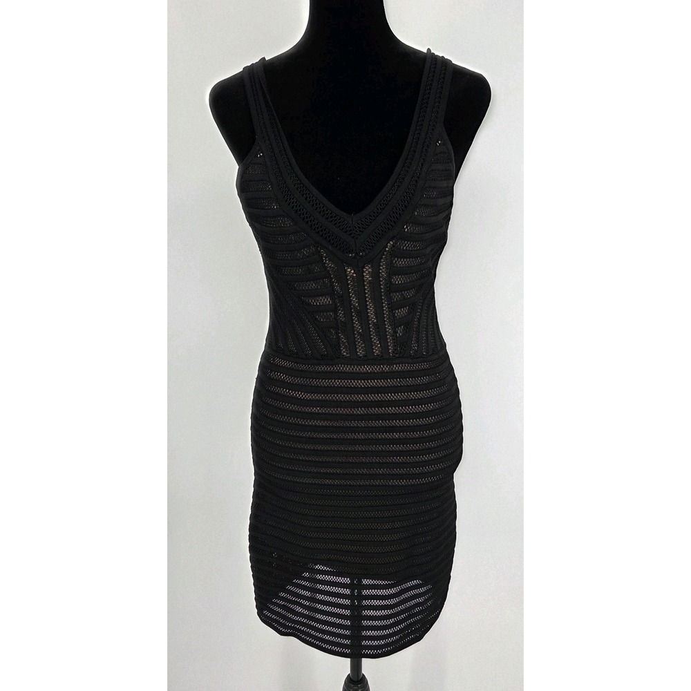 Bebe Mesh Cocktail Dress Medium Black w Nude Lining V-Neck Bodycon